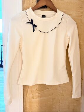 SHEIN Cream Long-Sleeve Top with Navy Bead Trim & Bow